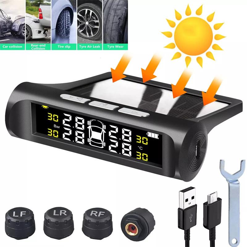 4 senzori Auto Tpms Sistem de monitorizare a presiunii în pneuri Afișaj digital LCD alimentat solar Tester de alarmă de securitate auto Test auto