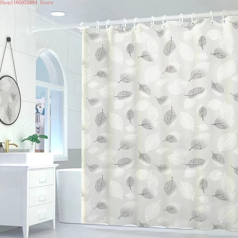 1pc stylish gray leaf pattern shower curtain quick dry - With Hooks Waterproof Mildew Proof Easy Install Washable