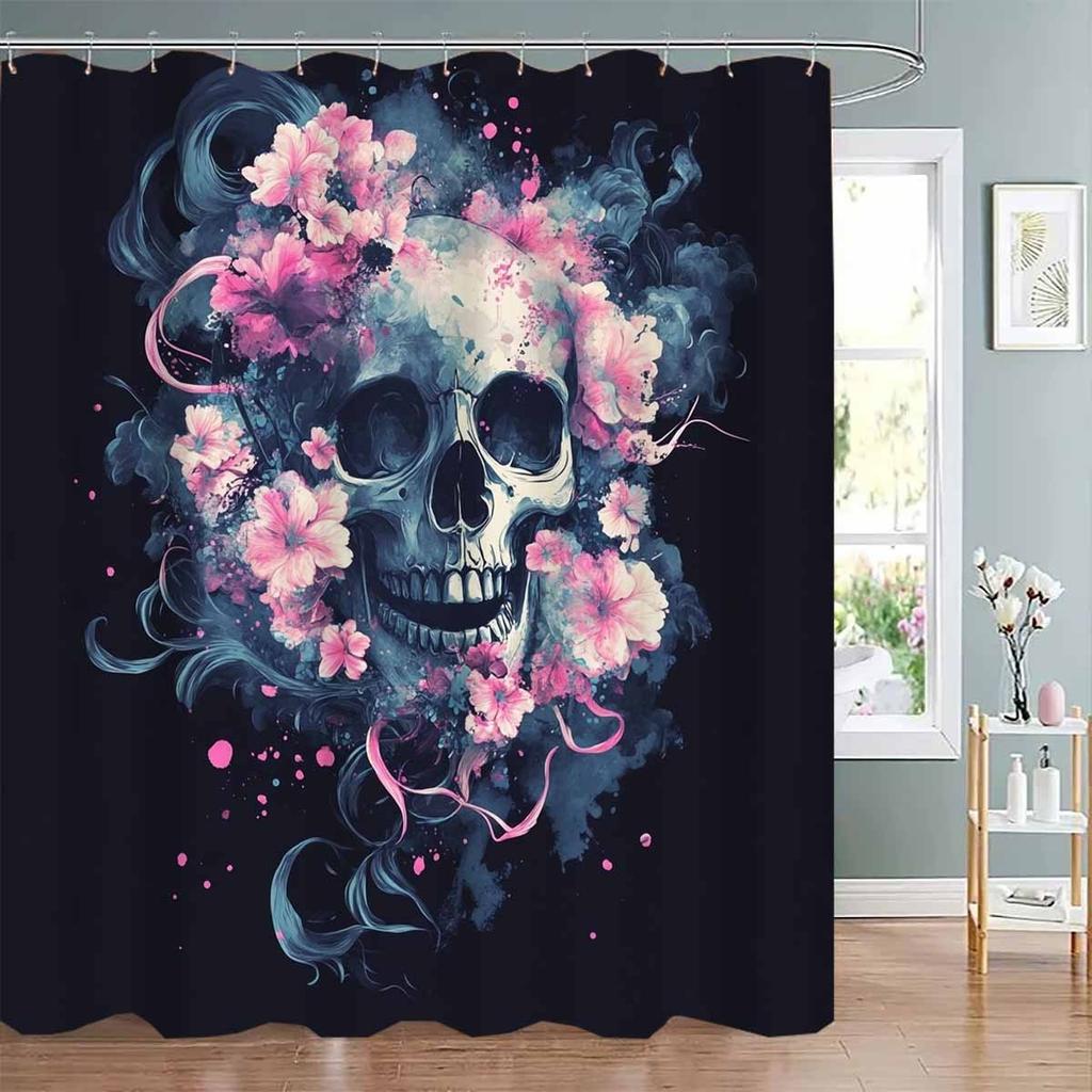 1 Stück A Smoke Skull Floraldruck Kollektion Duschvorhang - Mit 12 Haken, Maschinenwaschbar, Geeignet Für Badezimmerdekoration Und