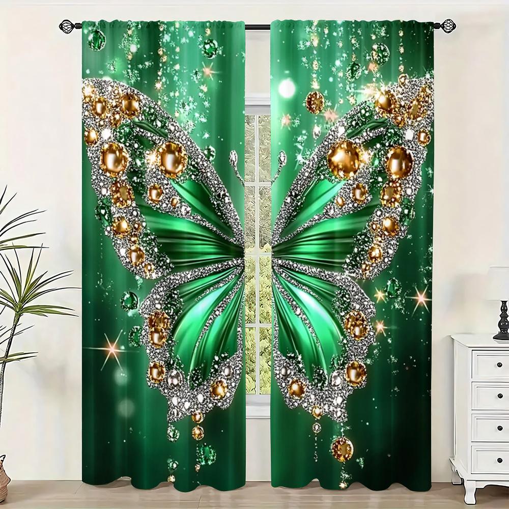 2pc,Curtains  Diamond Pearl Butterfly Machine Washable Fabric,Without Electricity Festive Holiday Suitable for Classroom