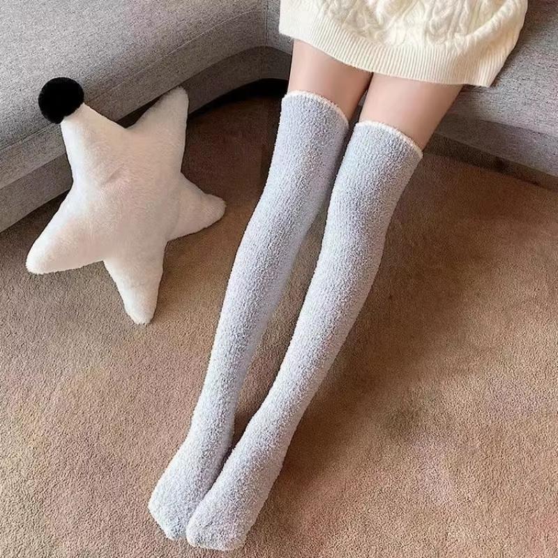 Over-knee High Socks Winter Warm Coral Fleece for Women Plush Home Sleep Floor Long Socking Jk Solid Soft Thigh High Fun Sock