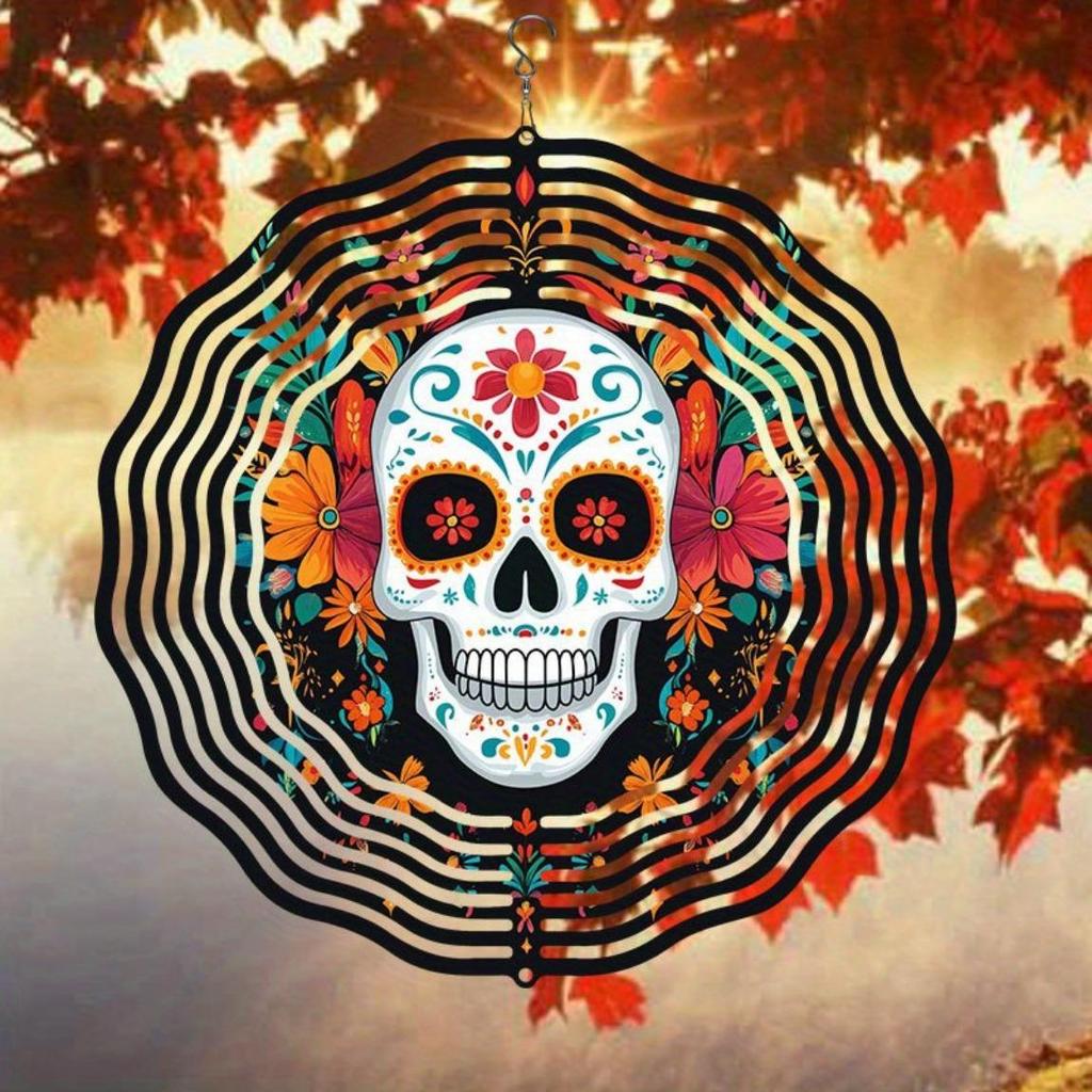 Vibrant Day of the Dead Skull Wind Chime Colorful Floral Skeleton Design 2D Rotating Outdoor Garden Art Festive Wall Decor for Home Yard