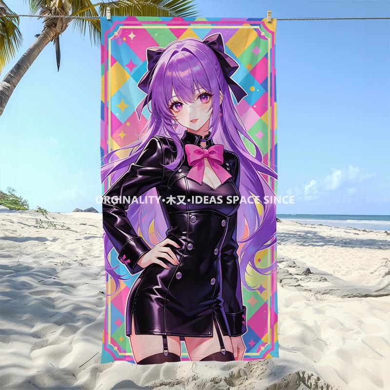 Y2K Purple Anime Girl Beach Towel Patterned Sunscreen And Windproof Suitable For Swimming Pool Camping Travel Blanket