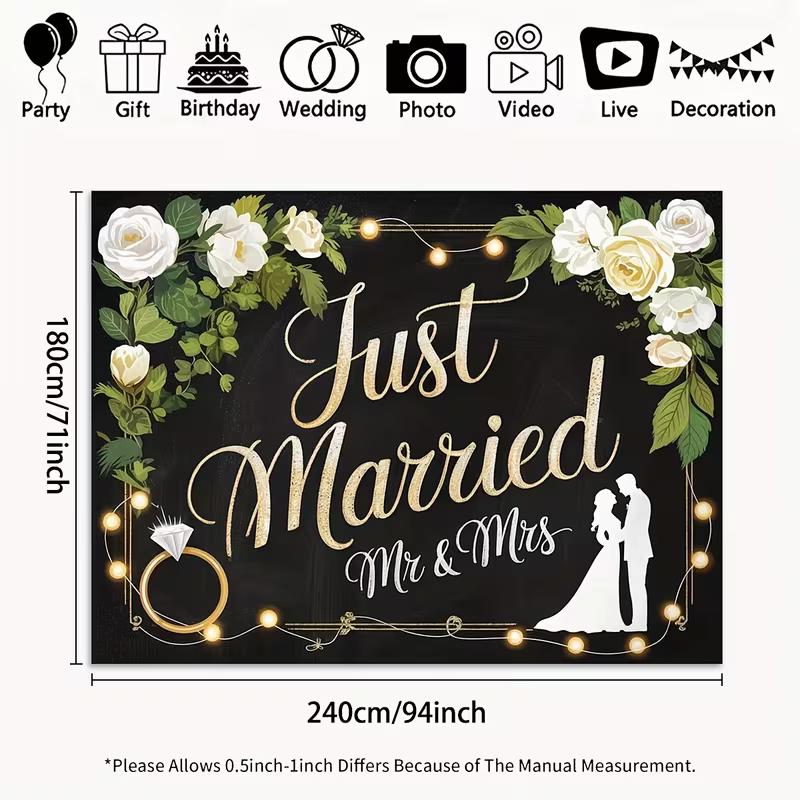 2D Floral Just Married Backdrop with Couple Silhouette Wedding Decor