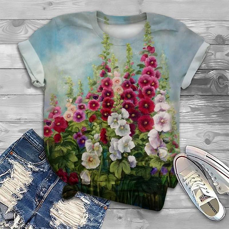 

Летняя женская футболка с 3D-цифровым принтом, узором розы, круглым вырезом, свободная футболка с рисунком из мультфильма XL