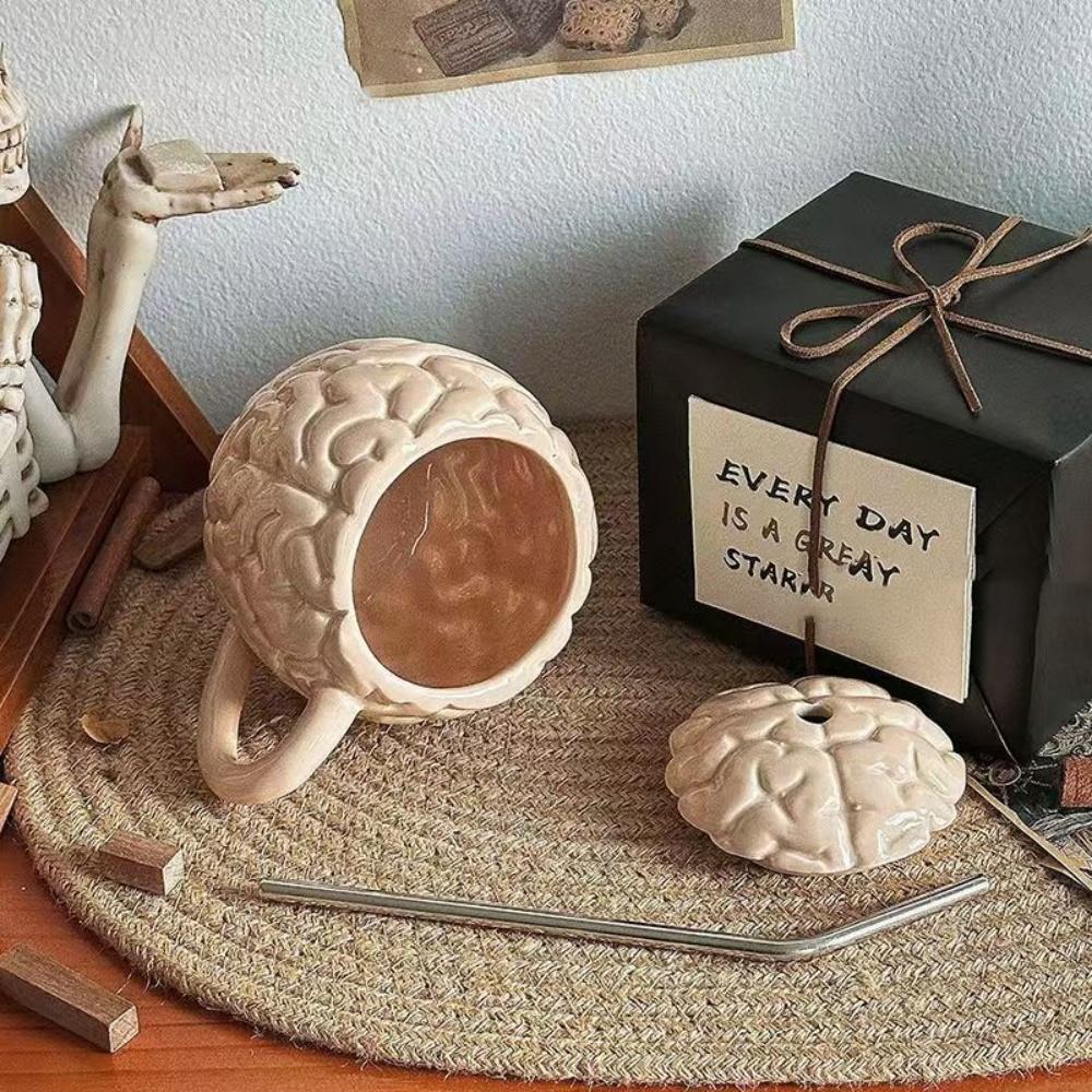

Funny Brain Mug With Straw Ceramic Coffee Mug With Handle And Lid 450ml Water Cup Halloween Gift 401-500ml