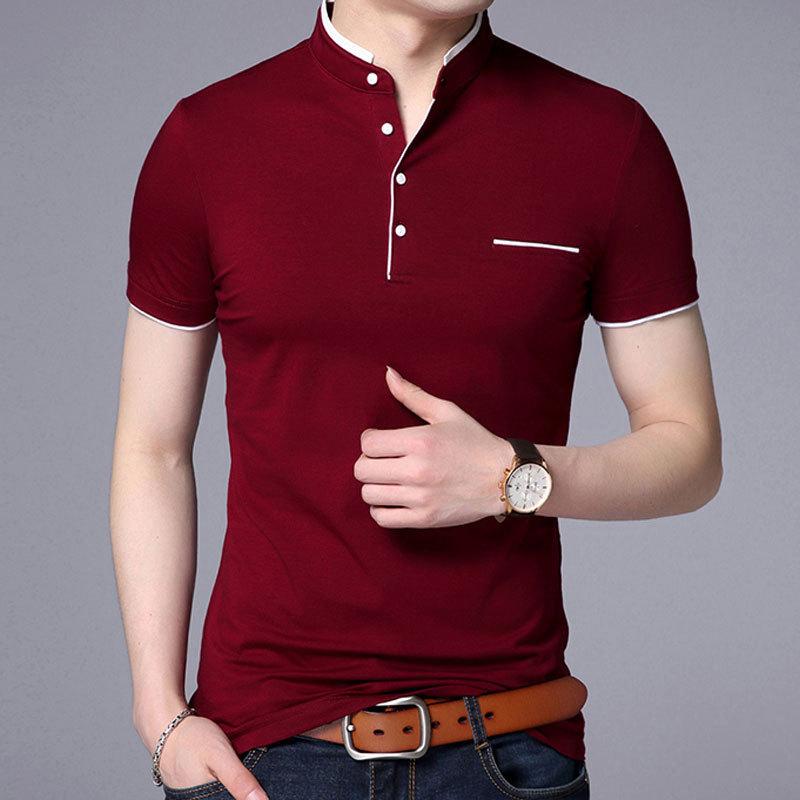 Mens Stand Collar Short Sleeve Slim Fit Big Size Solid Casual T Shirt