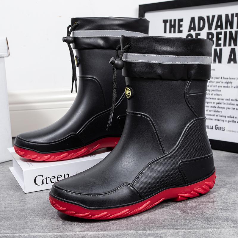 Adult Mid-calf Waterproof Rain Boots With Drawstring Design Unisex Outdoor Water Shoes Non-slip Soft Rubber Rain Boots Plus Size