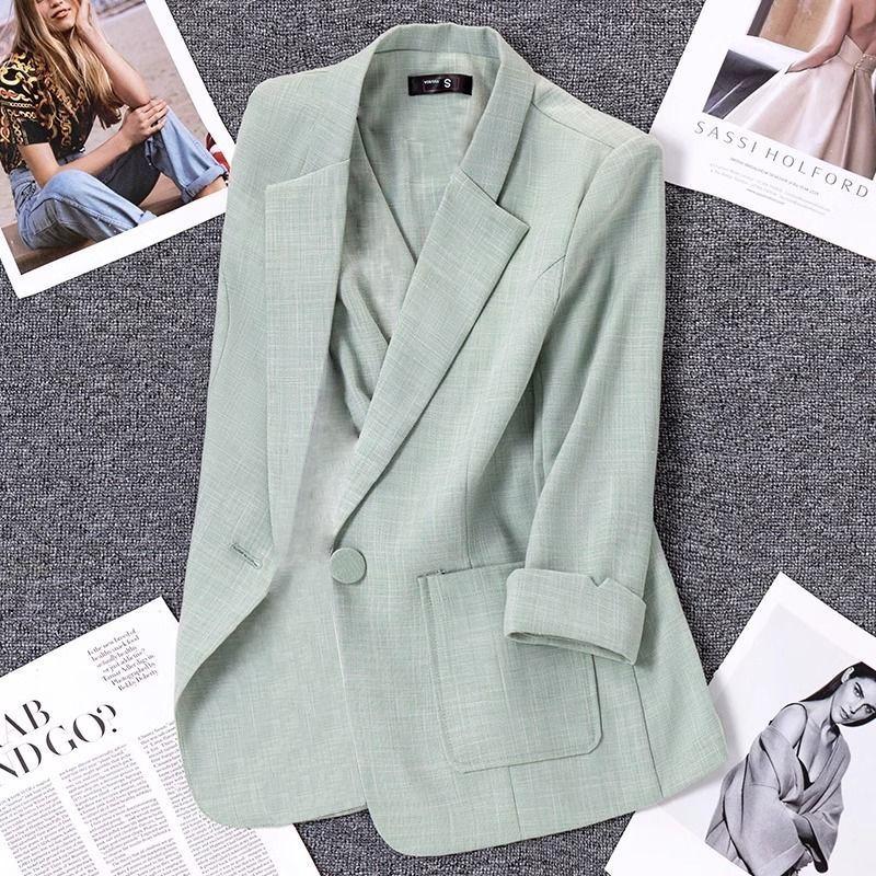 Light Green Linen Suit Short Jacket for Women Thin Korean Style Small High-end Casual Suit Temperament Top
