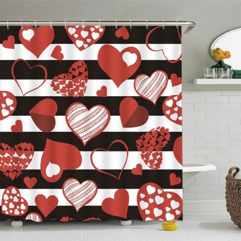 

Valentine s Day Heart Shower Curtain Black White Stripes Pink Red Sweet Romantic Lover Couple Women Girls Gifts Elegant Charming 90x180CM