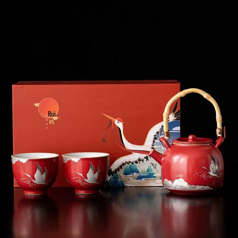 Shangqi Auspicious Crane Ceramic Kung Fu Tea Set (1 Pot, 2 Cups)