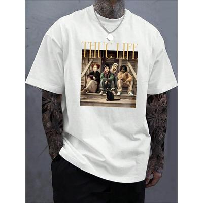 Europäische Größen Herren Freizeit-T-Shirt, Rundhals Kurzarm-T-Shirt mit Porträt-Print vorne, Atmungsaktiver Strickstoff