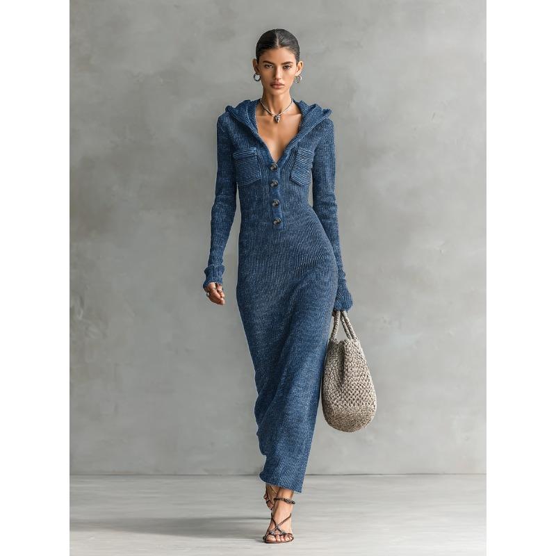 IHUASU Fashion Spring Autumn Solid Color Print Long Sleeve Casual Dresses