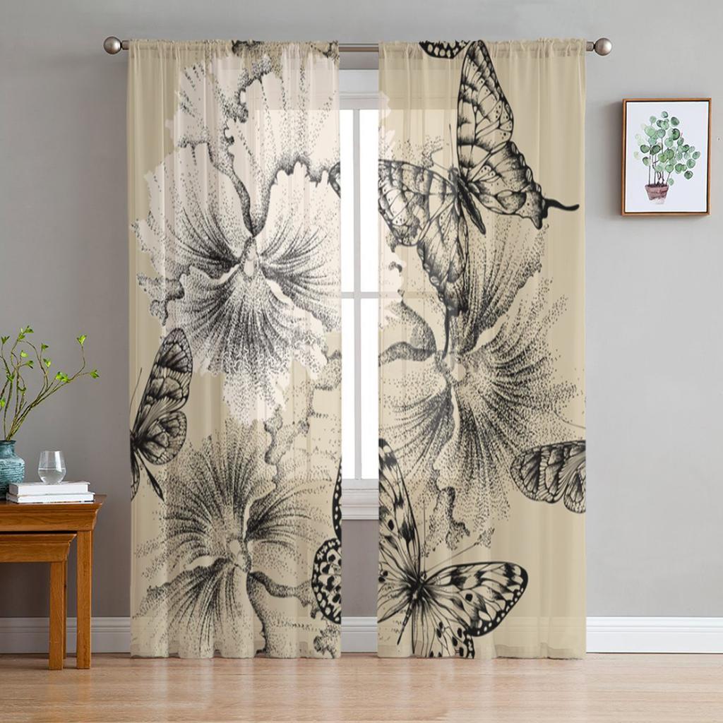 Retro Schmetterling Blume Transparente Vorhänge für Wohnzimmer Transparente Tüll Fensterdekorationen Schlafzimmer Küche Heimdekor Schleier Vorhänge