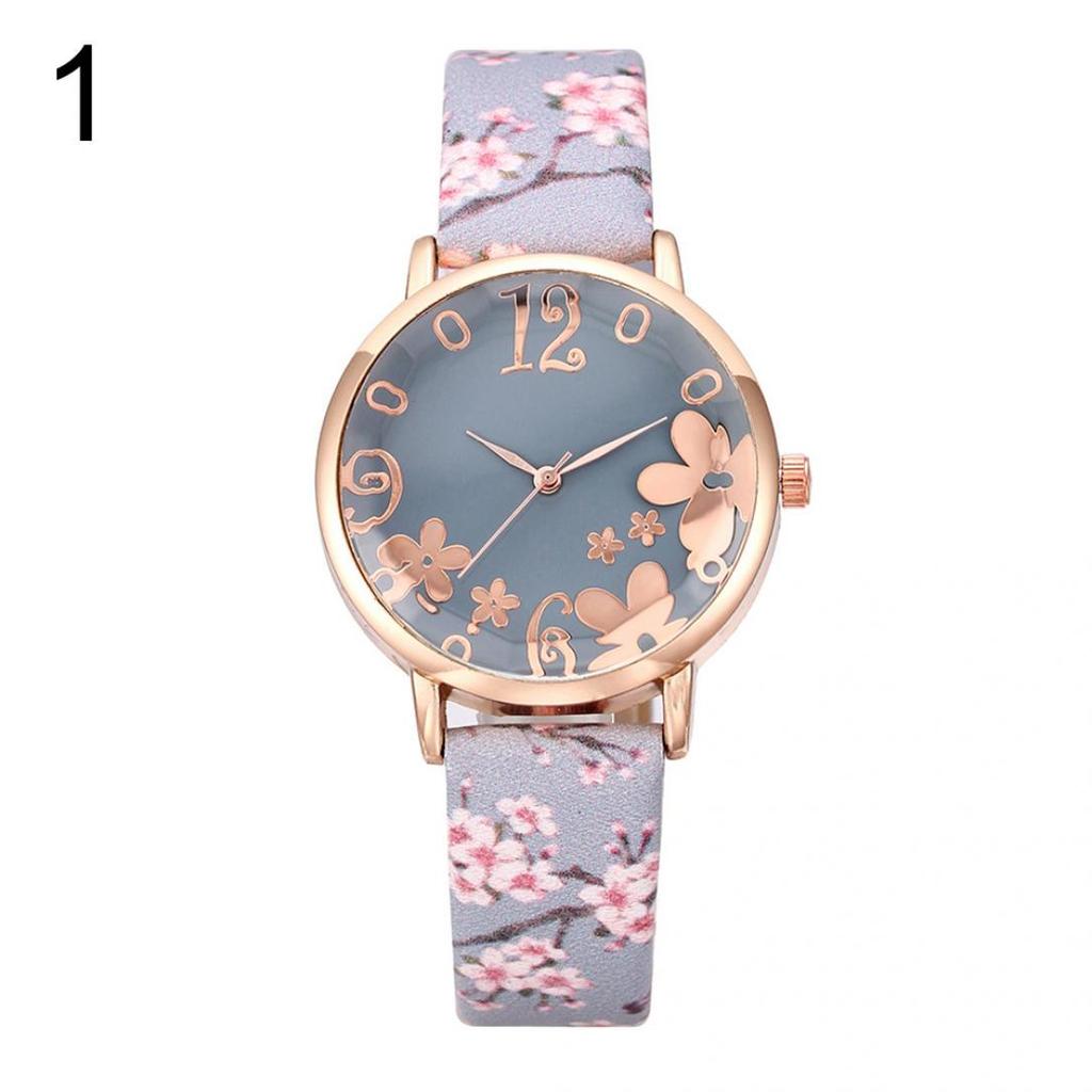 Orologio al quarzo da donna con cinturino in pelle analogico con quadrante rotondo floreale creativo