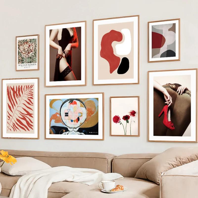 Abstrakt William Morris Blätter Blume Wandkunst Rote Schuhe Frau Leinwandgemälde Wohnzimmer Heimdekor Poster Drucke Bilder