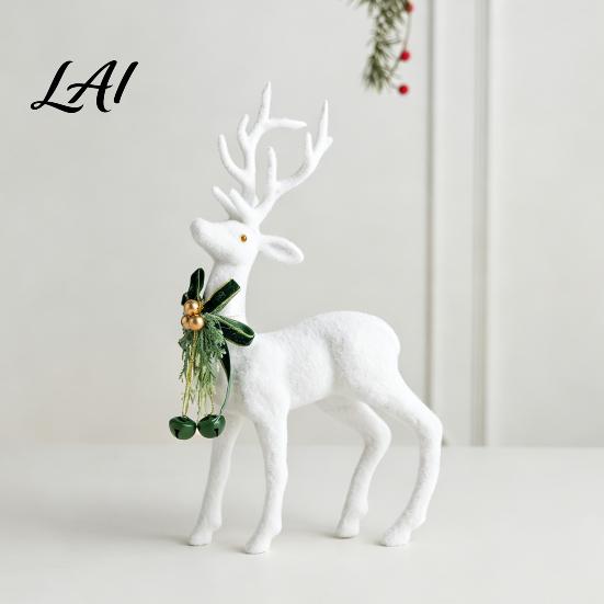 Minimalist White Flocked Ornaments Elk Ornament Ribbon Bell Decor 3D Standing Deer Stable Christmas Figurines Figurine Decorative Accents