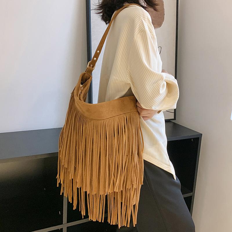 Borsa a Spalla da Donna Fashi con Frange in Pelle PU Scamosciata Borsa a Tracolla con Nappe ad Alta Capacità Borse da Viaggio Femminili per Donne