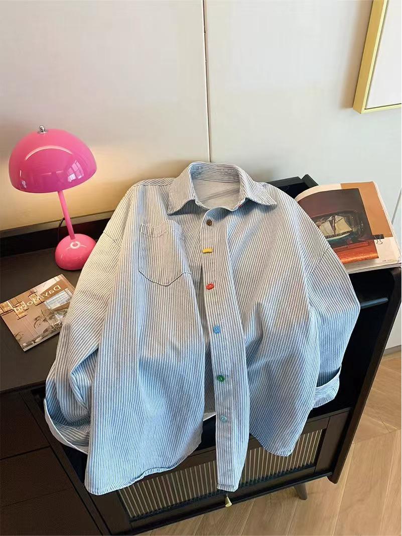 

Рубашка-поло оверсайз из денима в стиле ретро колор-блок с полосками - Длинный рукав, Цветные пуговицы XX-Large светло-синий