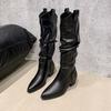 2025 New Knee Knight Boots Pointed Thick Heel Thin Boots British Style Two Wear Matte Leather Pile Boots Women