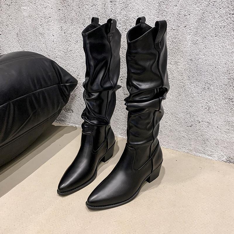 2025 New Knee Knight Boots Pointed Thick Heel Thin Boots British Style Two Wear Matte Leather Pile Boots Women