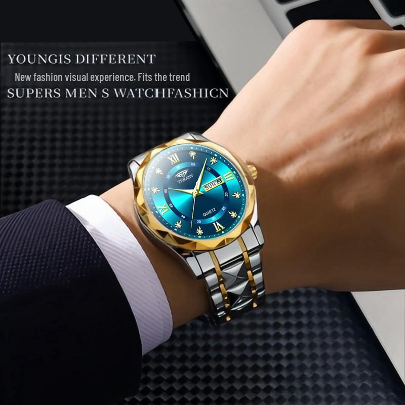 Men's Luminous Waterproof Quartz Watch with English-Chinese Calendar and Rhombus Case