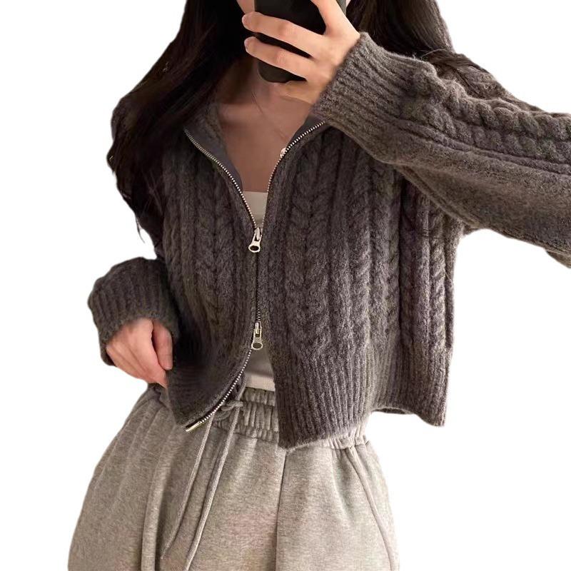 Autumn/Winter Korean Retro Short Double Zipper Cable Knit Women's Cardigan