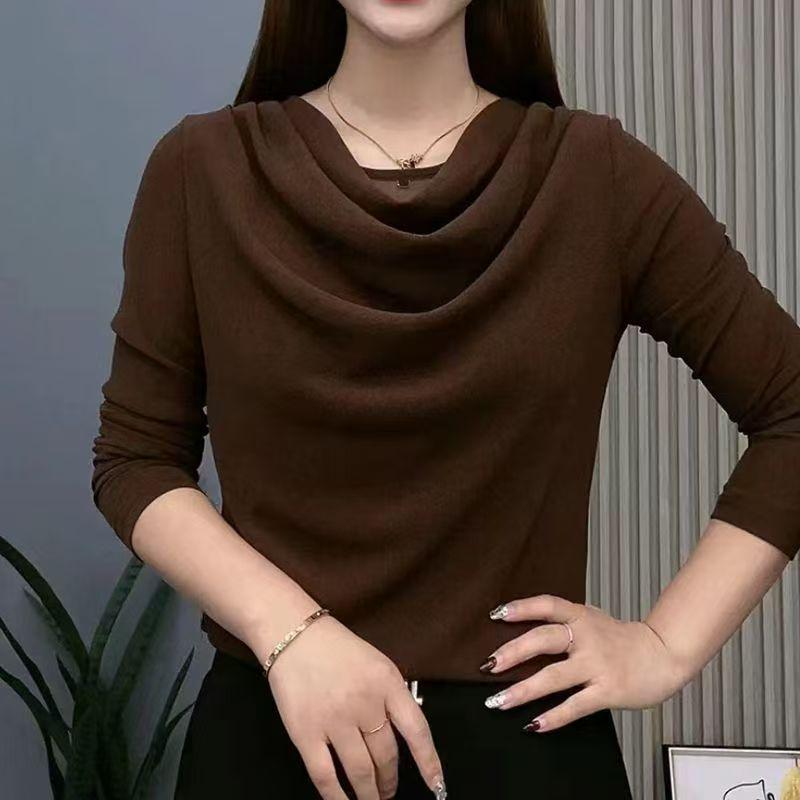 One-Piece 2025 Autumn Pile Collar Mesh Long-Sleeve Women's T-Shirt