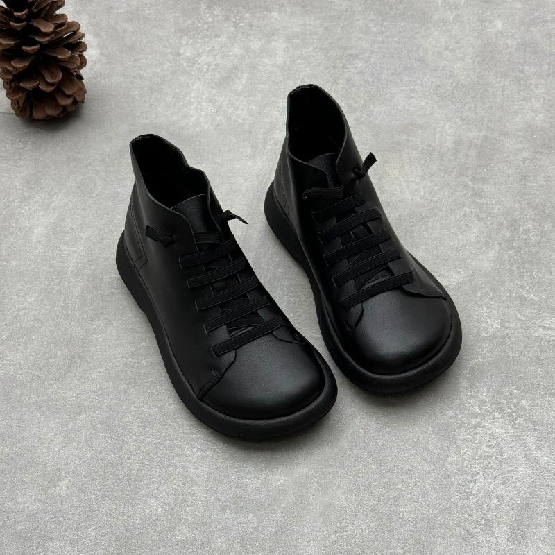 Women Genuine Leather Short Boots Round Toe Genuine Leather Handmade Retro Street Style Winter Warm Flats Ankle Boots