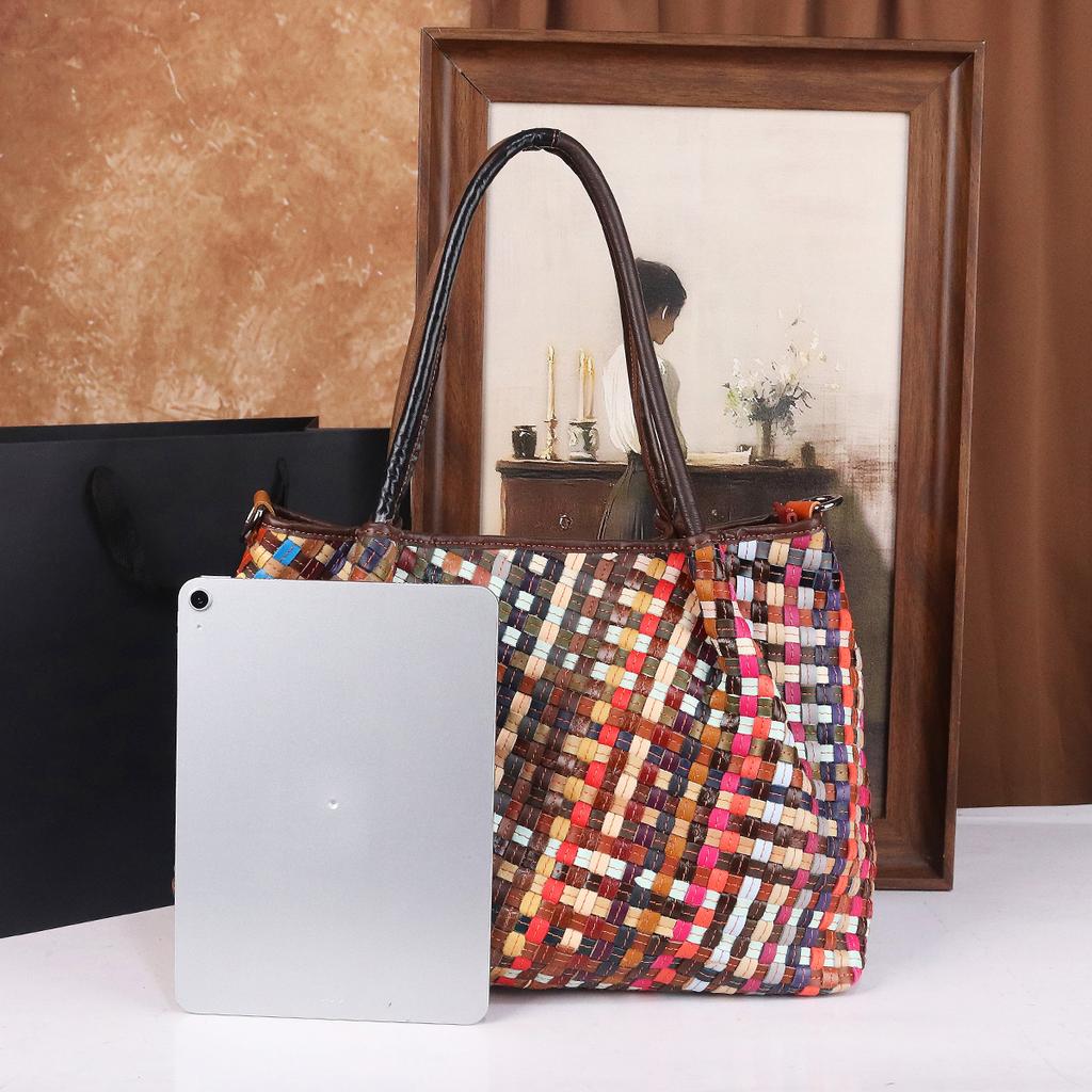 New Women'S Large Capacity Colorful Patchwork Leather Woven Handbag Casual Versatile Crossbody Bag Handheld Bag