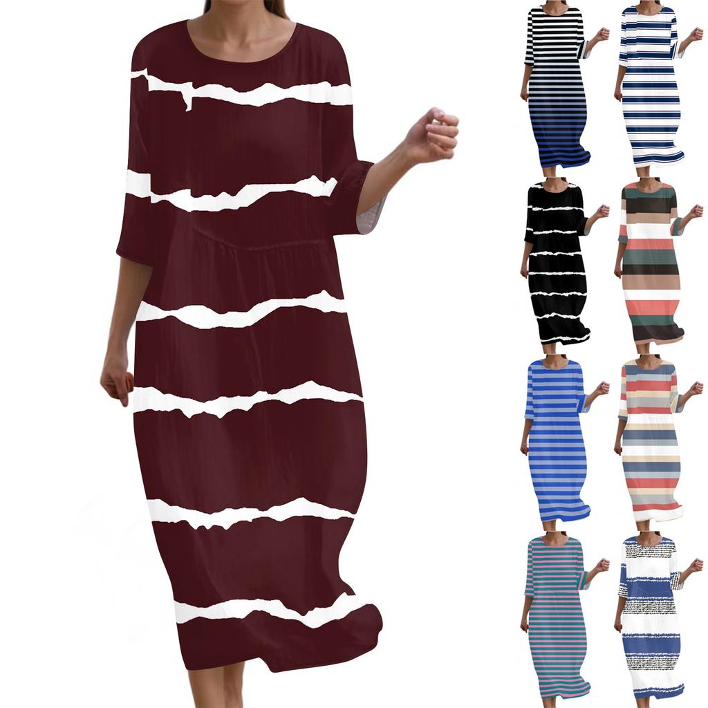 Women's Fashionable Printed Round Neck Seven Quarter Sleeve Loose Dress