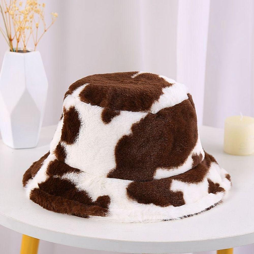 Plush Panama Hats Autumn and Winter Flannel Bucket Hat Korean Style Caps Cow Print Caps Female Hats