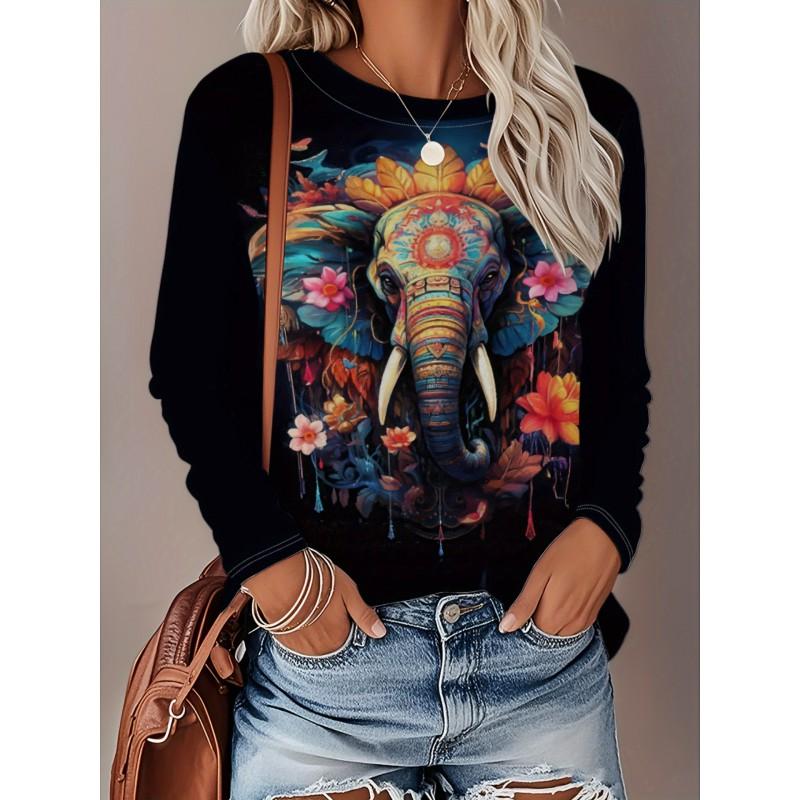 Womens Loose Fit Long Sleeve Round Neck T-Shirt With 3D Dinosaur Christmas Tree Print Milk Silk Fabric