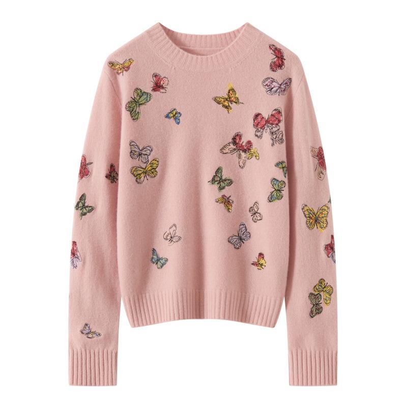 Cashmere Wool Blended Crew Neck Knitted Sweater Women'S Long-Sleeved Primer Autumn And Winter New Embroidered Butterfly Design Sweater