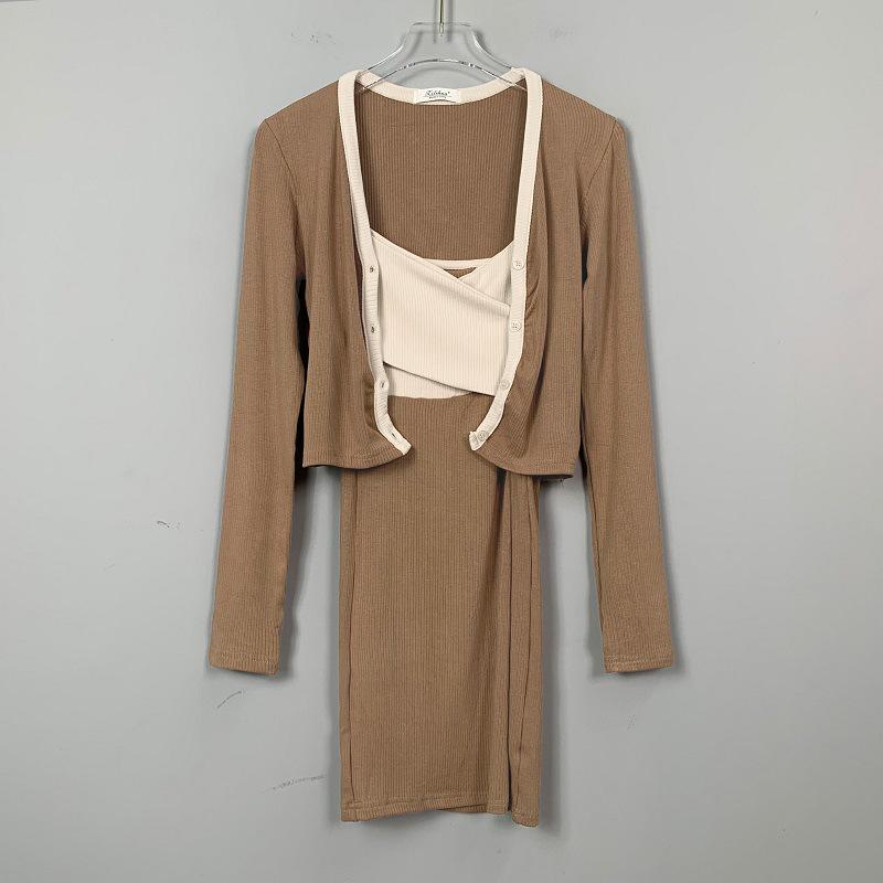 Korean Slim Color Block Strappy Dress & Cardigan Set for Women