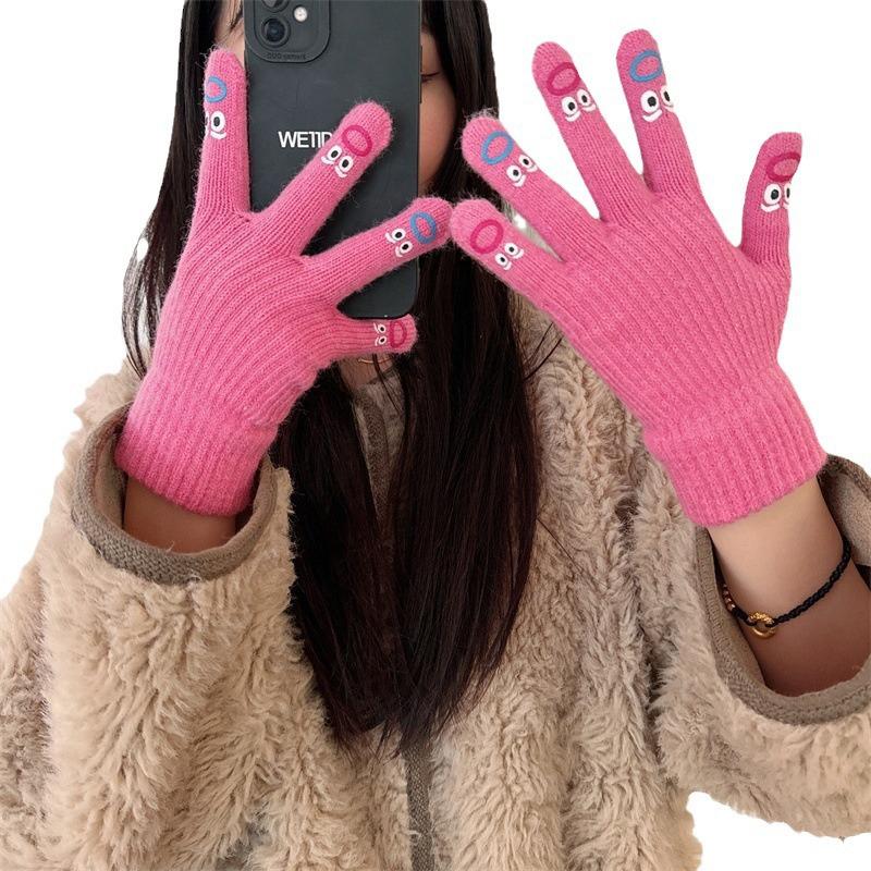 1Pair Women's Funny Facial Expression Knitted Gloves Full Finger Gloves Soft Crochet Mittens Mountaineering Gloves