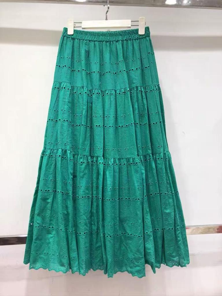 Autumn French Chic Cotton Embroidered Lace Midi Skirt with Flare Umbrella Style