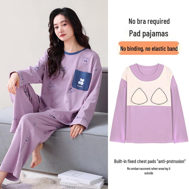 Women's Double-Sided Cotton Pajama Set with Chest Pads - Round Neck, Long Sleeve, Long Pants Pullover Style