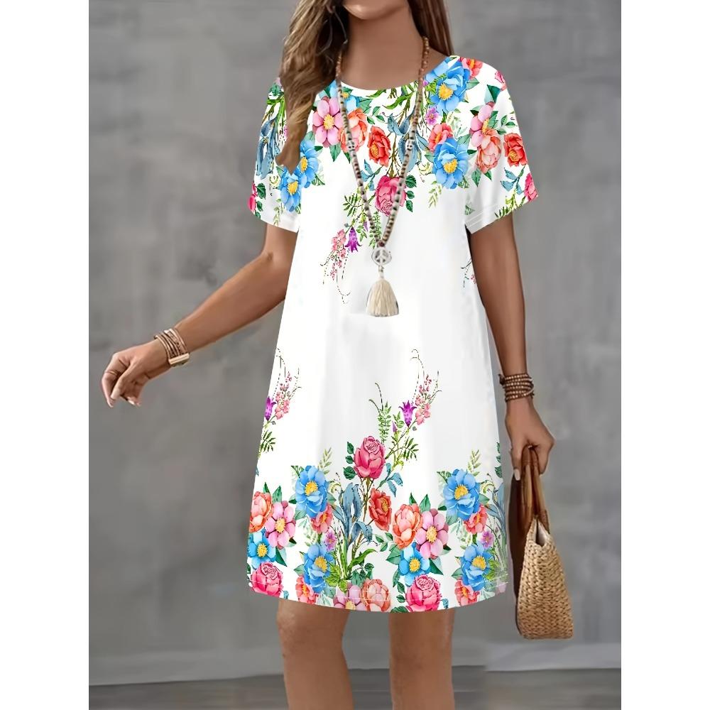 Summer Women's Bohemian Floral Print Dress Short Sleeves Multicolor Flower Pattern Female Clothing Casual Dress Homewear