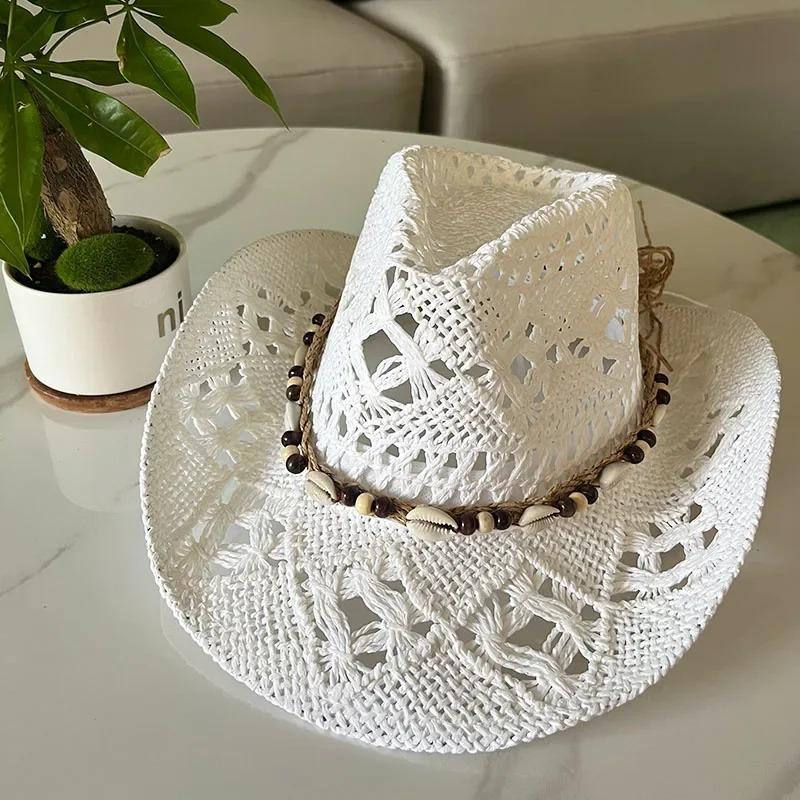 1Pc Summer Bohemian Shell Straw Hat Beach Women Men Cowboy Hats Wooden Beads Hollow Out Western Wide Brim Sun Hat Holiday Cap