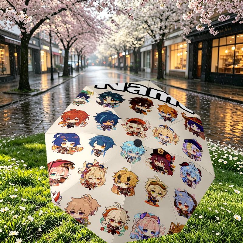 Custom Name Personalized Genshin Impact Print Umbrella, Auto Open Close, 8‑Rib Sturdy Frame, Commute Camping Hiking Use, Birthday Gift
