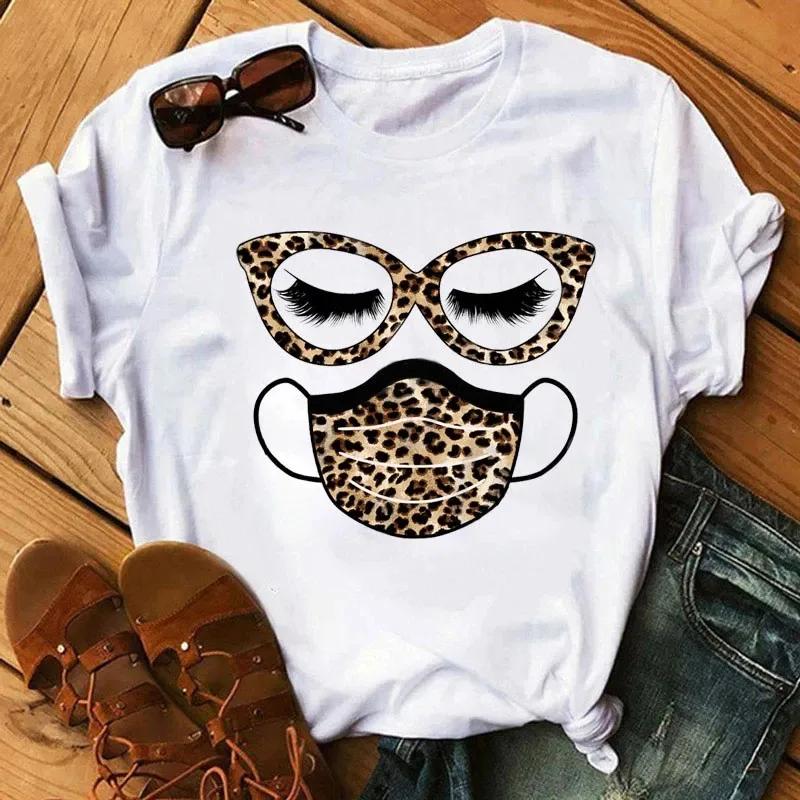 Leopard Love Heart Print Women Fashion T Shirt Black Female Short Sleeve Graphic Tops Women Sleeved Harajuk Streetwear Casual S