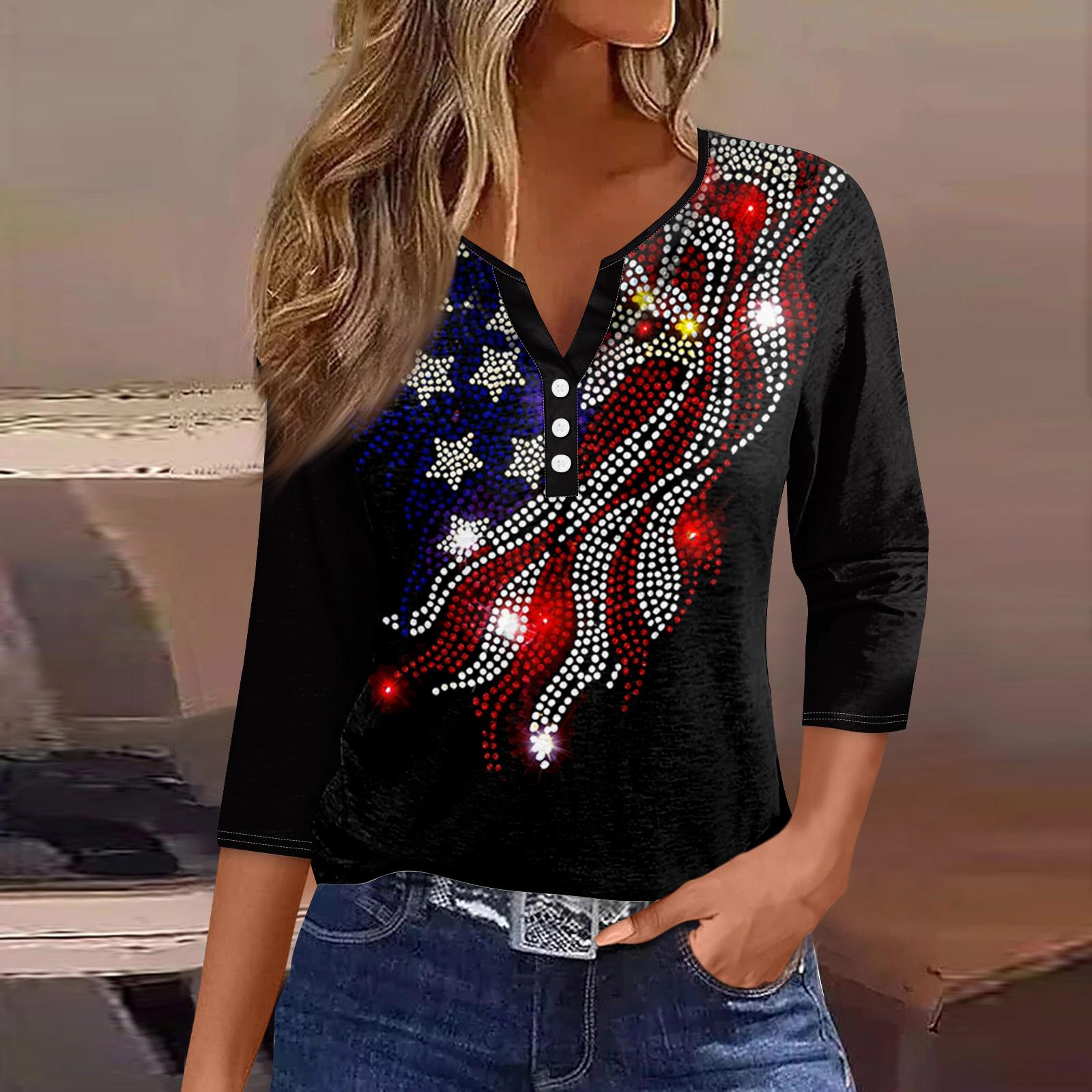 Women s Fashion Casual Independence Day Print V-Neck Seven-Eighths Sleeve Decorative Button-Up Top L чёрный