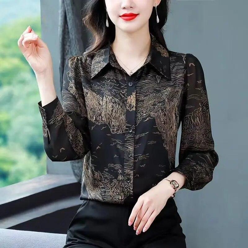 Spring Autumn New Print Chiffon Shirt Women's Long Sleeve Top Fashion Turn Dowar Collar Bottoming Blouse M-4XL