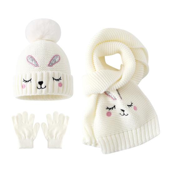 Winter Gift Set for Boys Girls Hat Gloves Scarf Kids, Warm Knitted Pompom Hat, Cute And Kids Bunny Embroidery, Cozy Ages 2 to 6