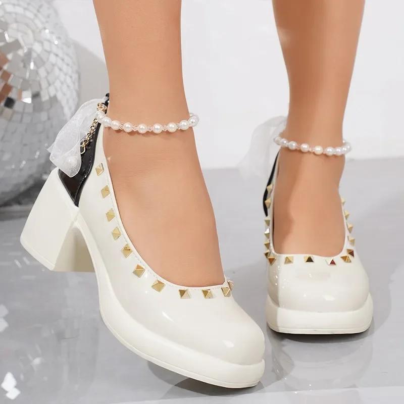 

Fashion Ladies Shoes 2025 New Classics Elegant Women s High Heels String Bead Buckle Strap Bow Tie Rivet Chunky Heel Dress Office Pumps 35