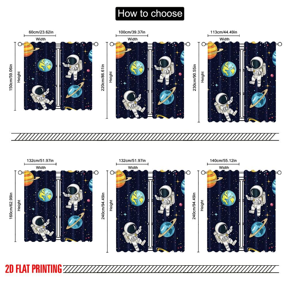 2D flat printing 2pcs Window Curtains Cartoon Funny Spaceman Versatile Polyester Fabric  Without Electricity Spring Party &