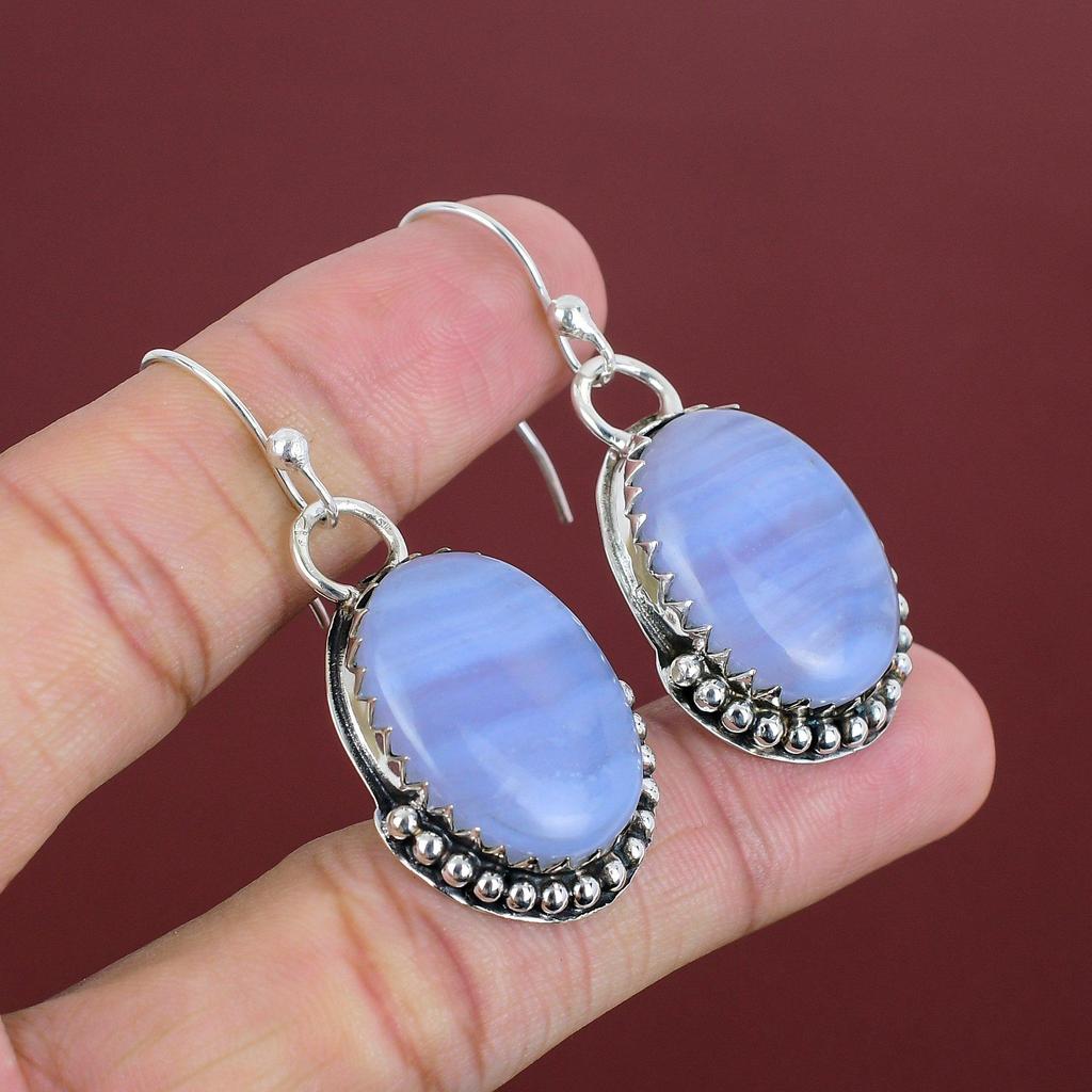 Blue Lace Agate Earrings Gemstone Earring Decent Jewelry 925 Sterling Silver Earrings Handmade Earring Antique Drop Earring Engagement Gifts