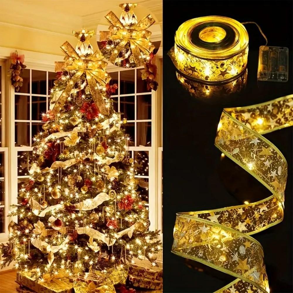 Battery Box Gold Ribbon Light String LED Double-Layer Luminous Satin Ribbon Lights Christmas Tree Decoration Gold Satin Ribbon Light String