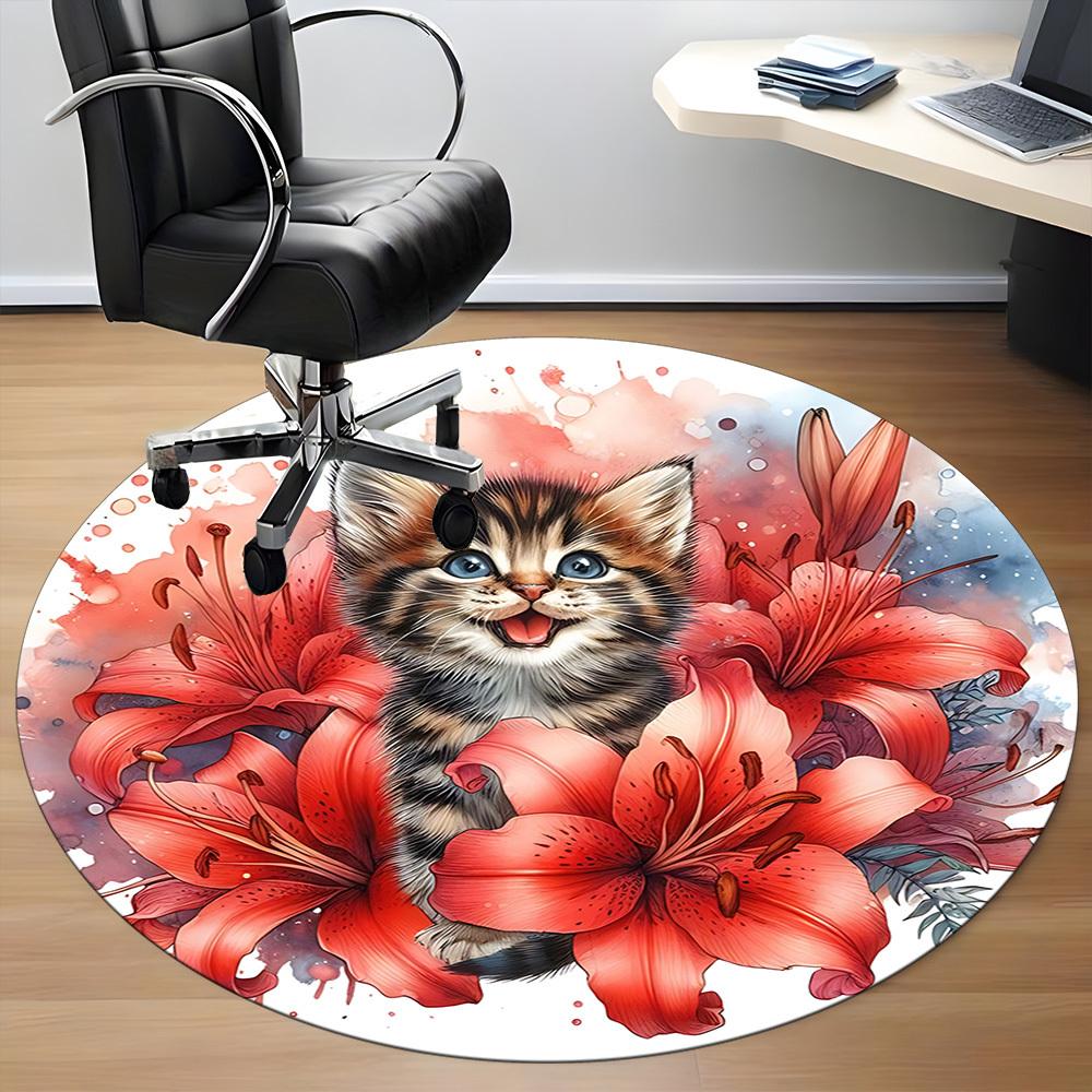1pc Kitten Flowers Office Round Rug, Carpet for Office, Gaming, Lightweight Round Floor Mat yy260208091